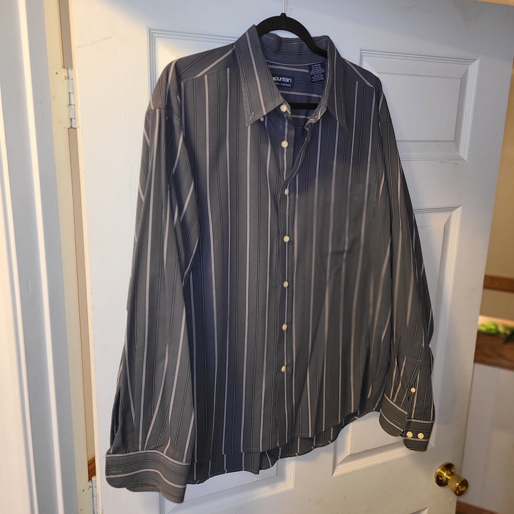 Puritan Men's Gray and White Striped Button Down Shirt Size XL